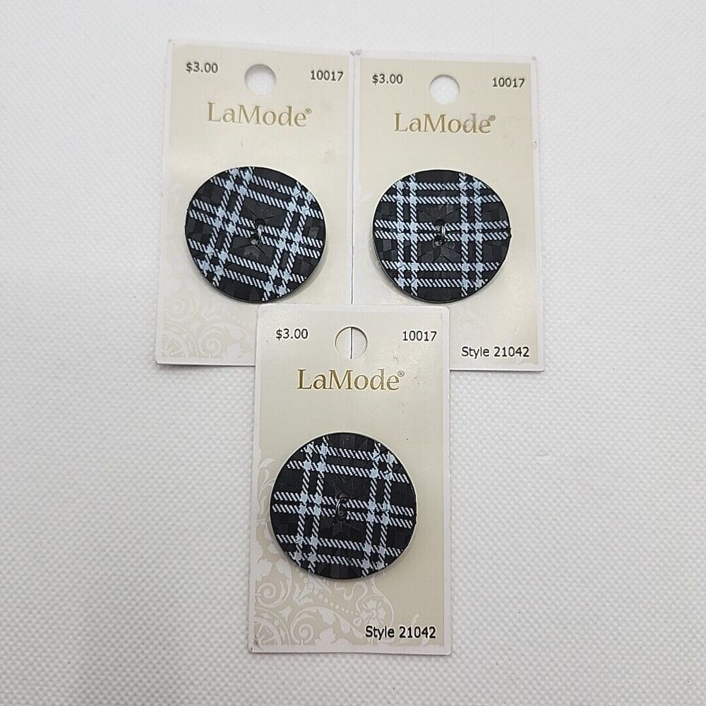 Lot Of 3 Vintage La Mode Black & White Plaid Buttons 1 3/8” 34mm  Made In Italy